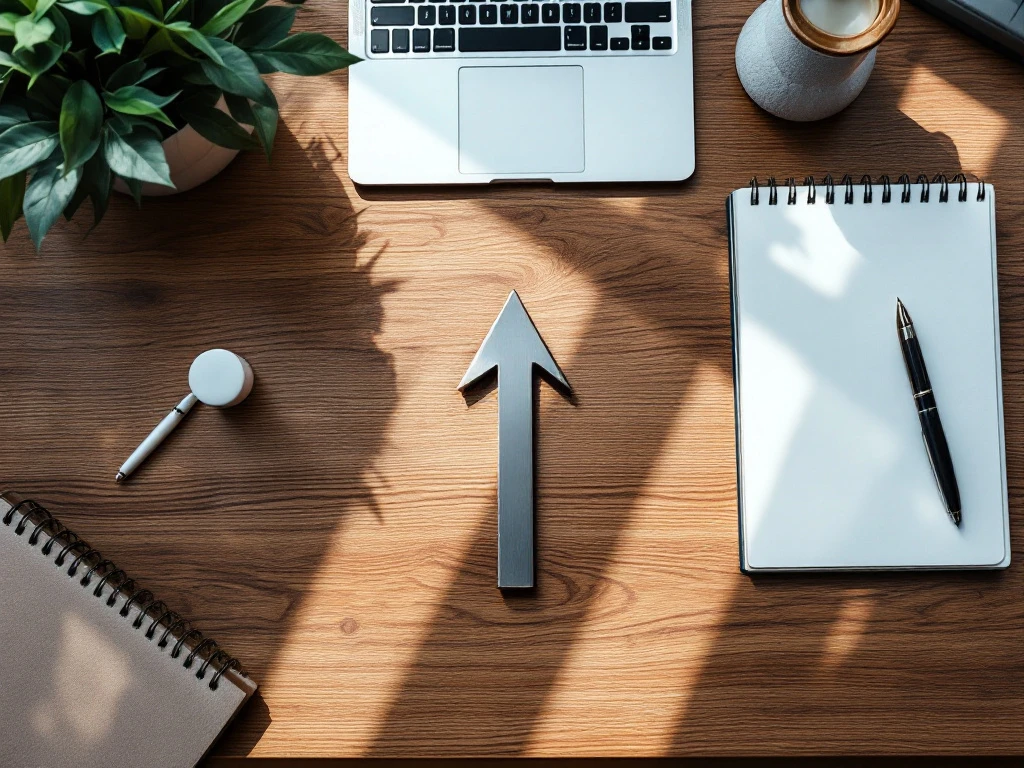 Moderne kantoorbureau met laptop, notitieboek en metalen pijl die carrièregroei symboliseert in warme tinten
