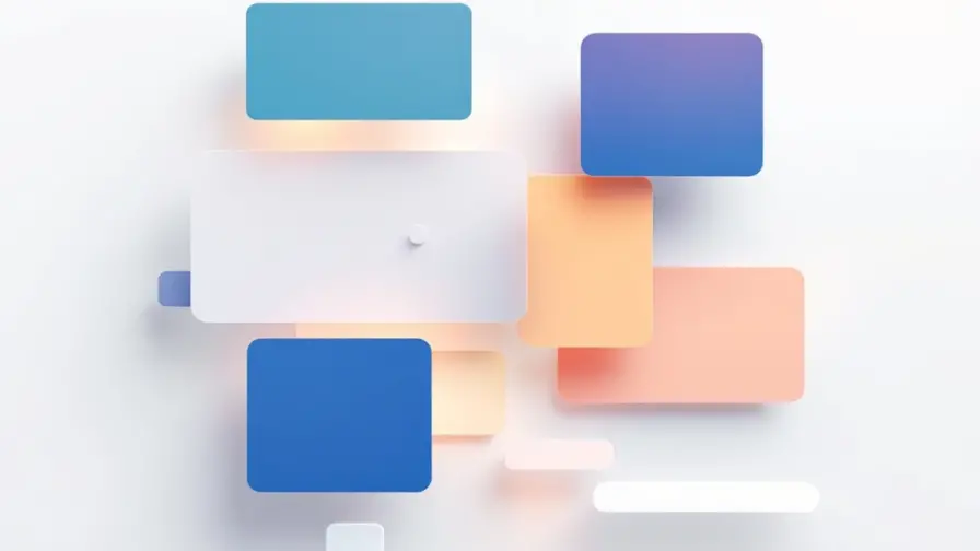 Minimalistische werkruimte met zwevende geometrische ontwerpsoftware-elementen en professionele blauwe accenten