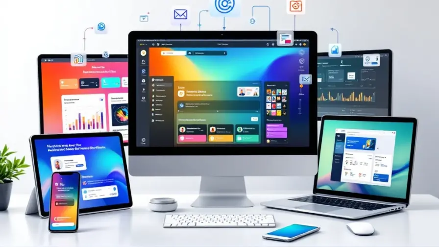 Moderne werkplek met laptops, tablets en smartphones die kleurrijke no-code platforms en drag-and-drop builders tonen