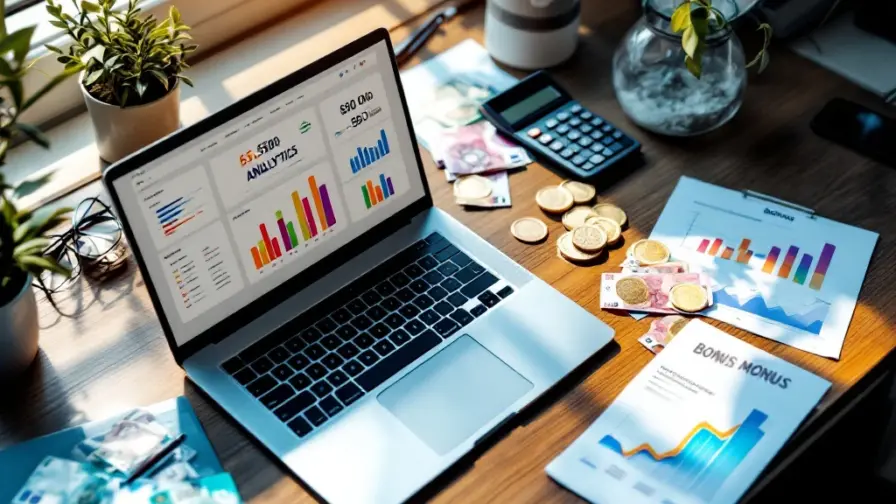 Laptop met marketing analytics dashboards op bureau met eurobiljetten, calculator en grafieken met stijgende trends