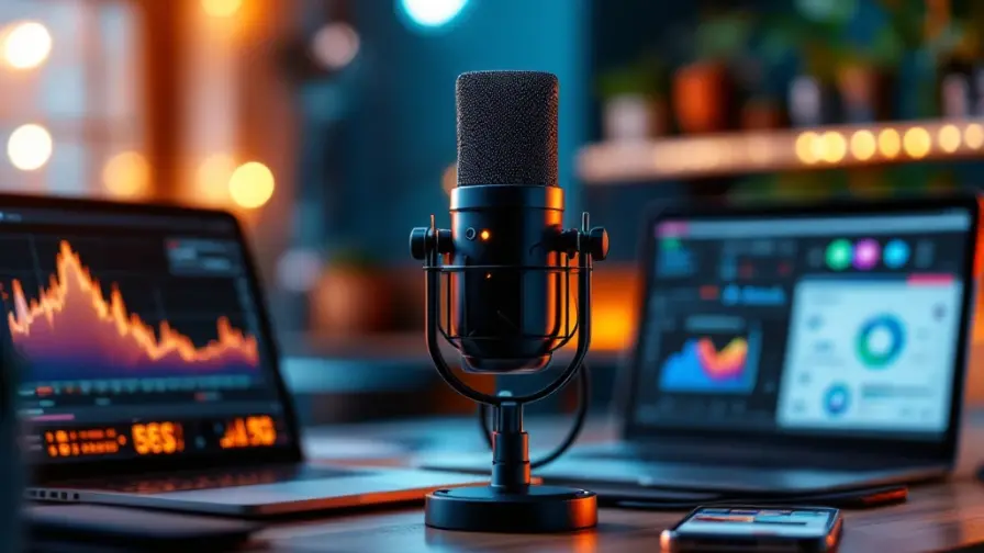 Professionele podcast opnamestudio met condensatormicrofoon, koptelefoon, laptop met audiogolven en tablet op bureau