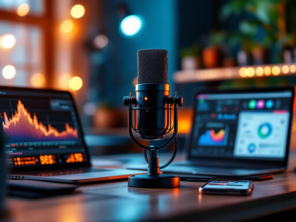 Professionele podcast opnamestudio met condensatormicrofoon, koptelefoon, laptop met audiogolven en tablet op bureau