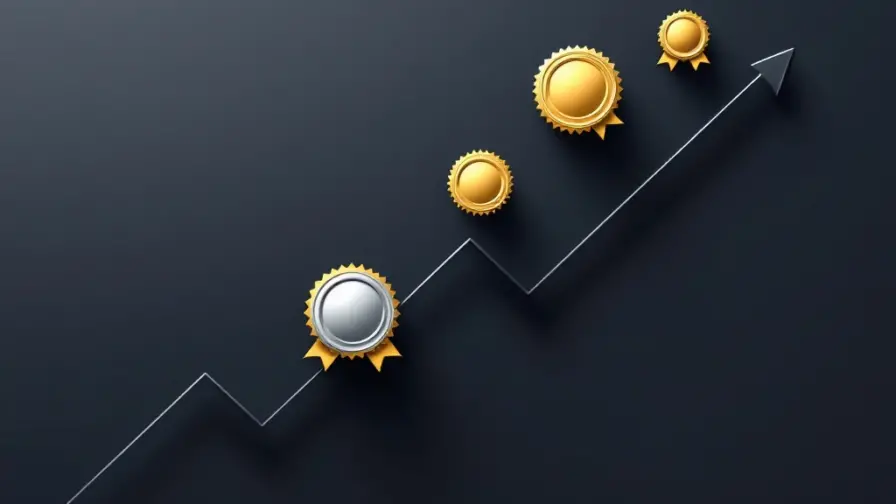 Geometrische certificaatpictogrammen en badges boven opwaartse pijl, symboliseert salarisgroei in PPC marketing