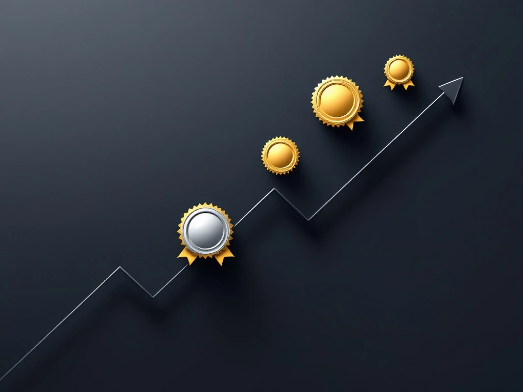 Geometrische certificaatpictogrammen en badges boven opwaartse pijl, symboliseert salarisgroei in PPC marketing