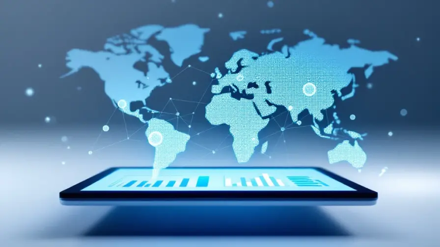 Tablet met datavisualisaties en groeicharts op minimalistische blauwe kaart met verbonden regionale knooppunten