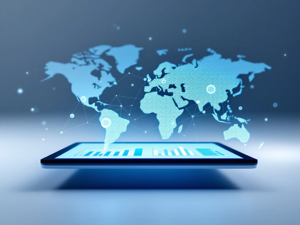 Tablet met datavisualisaties en groeicharts op minimalistische blauwe kaart met verbonden regionale knooppunten