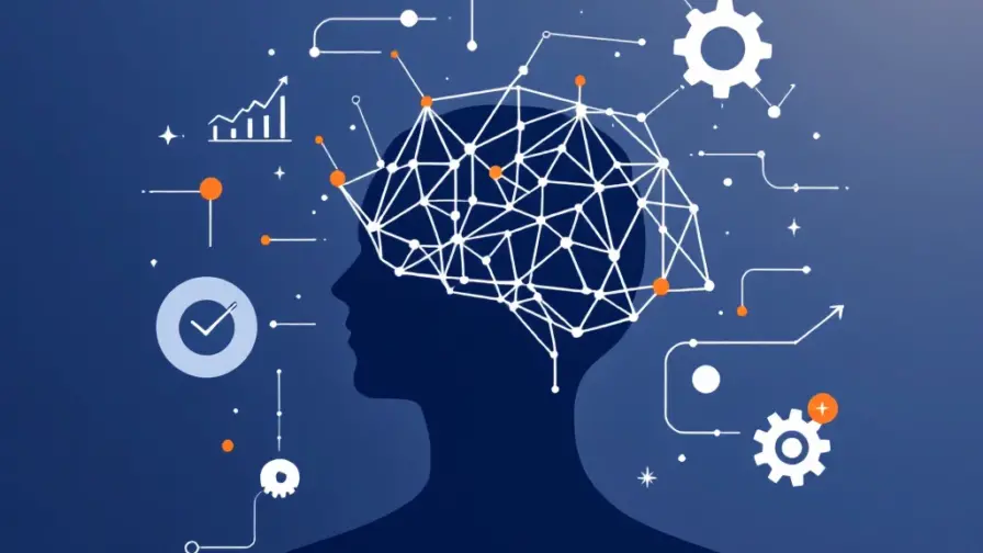 Geometrisch breinnetwerk met witte lijnen op donkerblauwe achtergrond, omringd door analytics en technologie iconen
