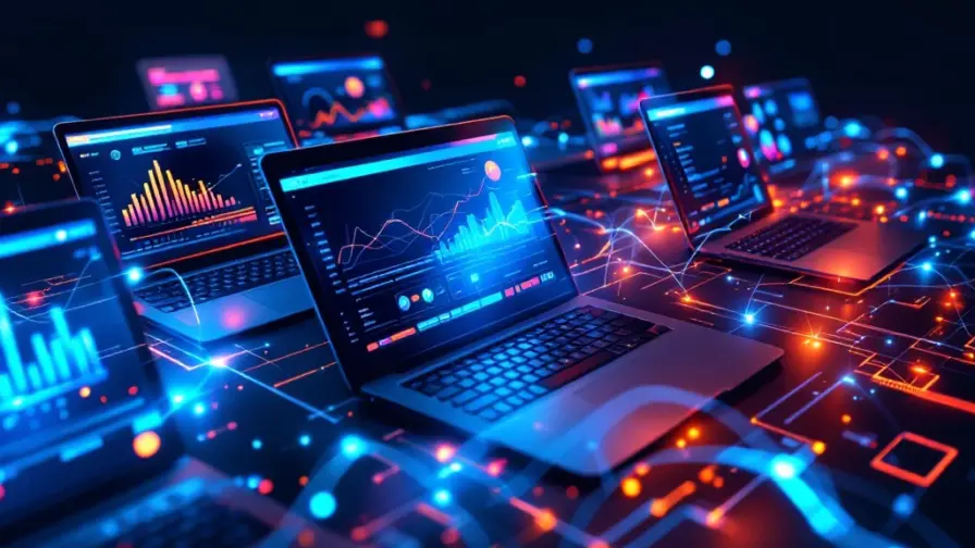 Luchtfoto van moderne bureau met laptops die kleurrijke dashboards en data-analyses tonen, verbonden door holografische lichtsporen
