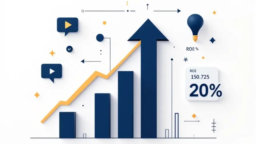 Opwaartse pijl met video-iconen en calculator symbolen in marineblauw en goud op witte achtergrond voor ROI-analyse