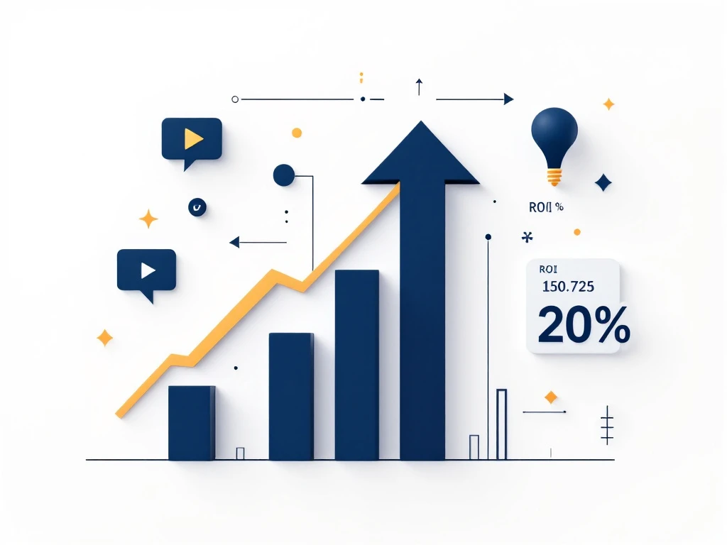 Opwaartse pijl met video-iconen en calculator symbolen in marineblauw en goud op witte achtergrond voor ROI-analyse