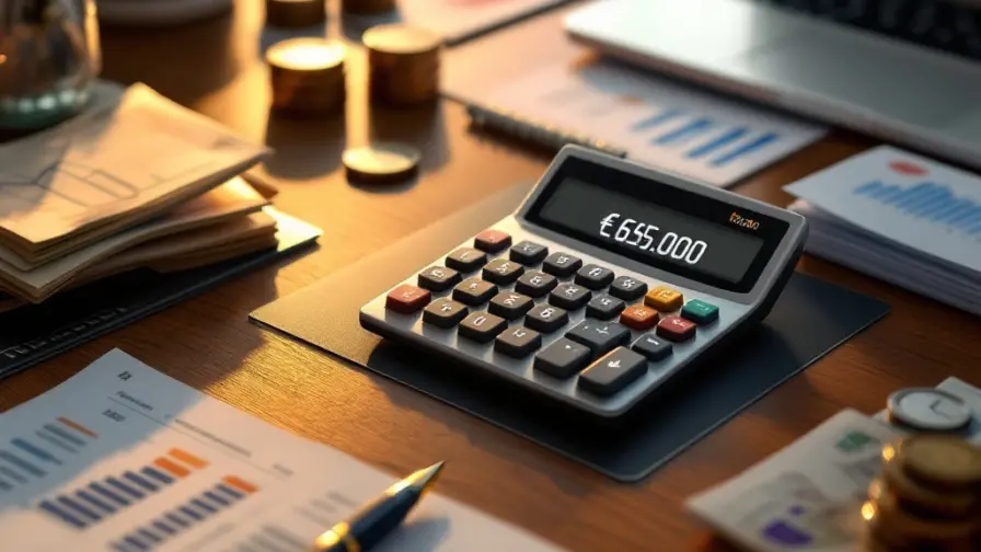 Rekenmachine toont €65.000 op houten bureau met financiële documenten, grafieken en laptop in professionele setting