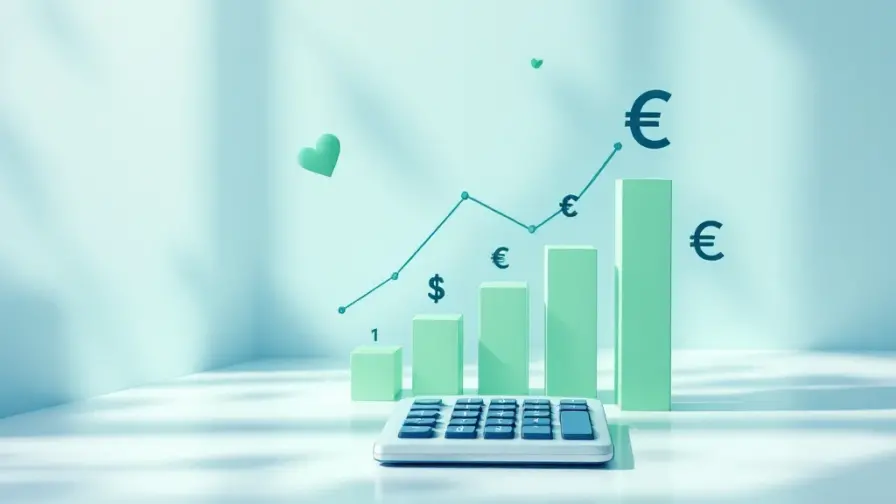 Rekenmachine met stijgende staafgrafieken en euro-symbolen op wit oppervlak, blauwe en groene verlichting
