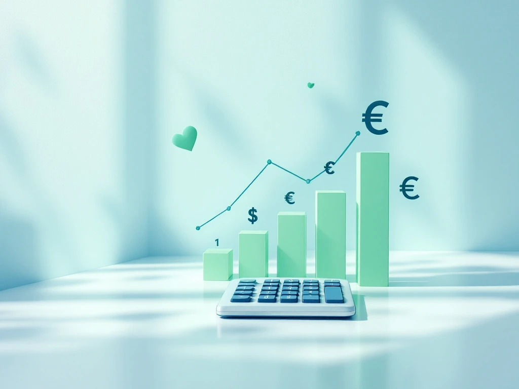 Rekenmachine met stijgende staafgrafieken en euro-symbolen op wit oppervlak, blauwe en groene verlichting