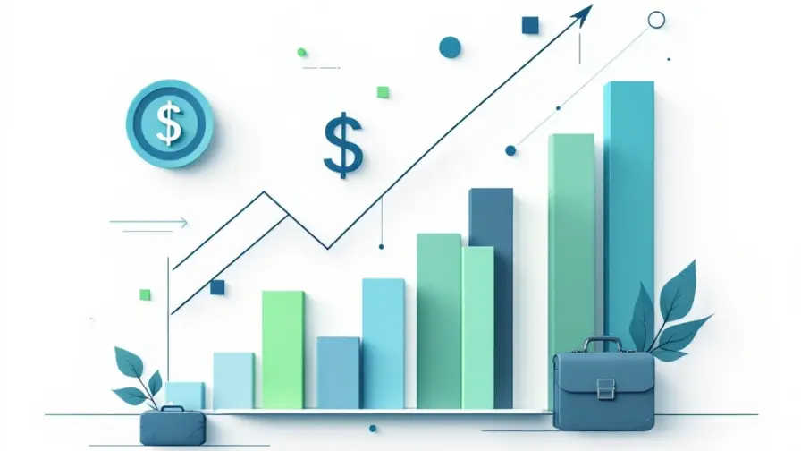 Minimalistische salarisgrafieken met groei-iconen in blauw en groen, professionele financiële data visualisatie