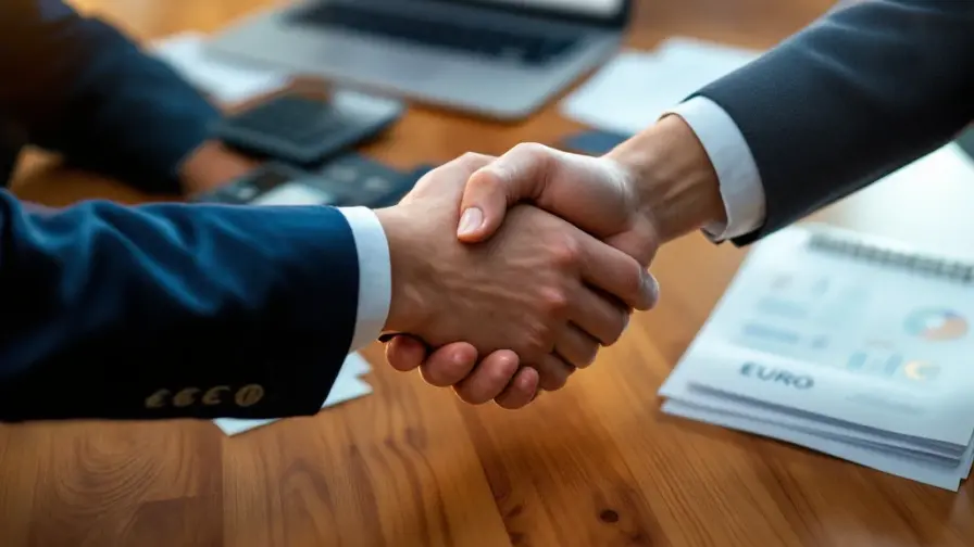 Zakelijke handdruk over houten vergadertafel met laptop vol marketinganalyses en documenten met eurosymbolen