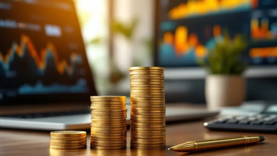 Gestapelde gouden munten en eurobiljetten op bureau met laptop en grafieken, symboliseert salarisontwikkeling