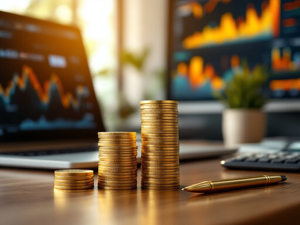 Gestapelde gouden munten en eurobiljetten op bureau met laptop en grafieken, symboliseert salarisontwikkeling