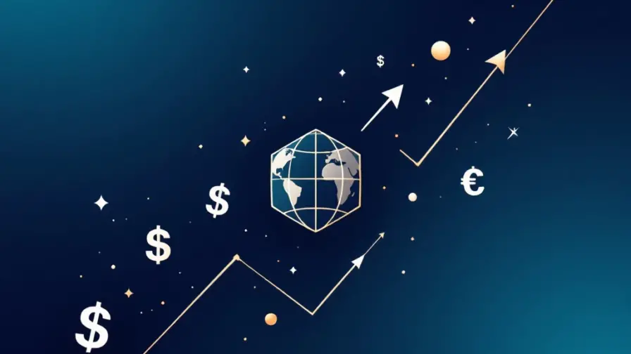 Wereldbol omringd door salariscijfers en valutasymbolen met stijgende pijlen op marineblauw naar groenblauw verloop