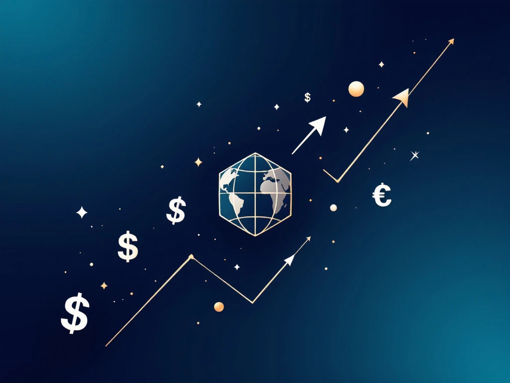 Wereldbol omringd door salariscijfers en valutasymbolen met stijgende pijlen op marineblauw naar groenblauw verloop