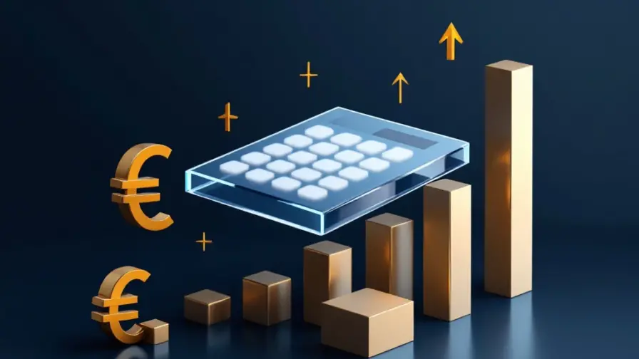 Glazen calculator boven euro-symbolen en stijgende grafieken in navy, wit en goud voor recruitment branding