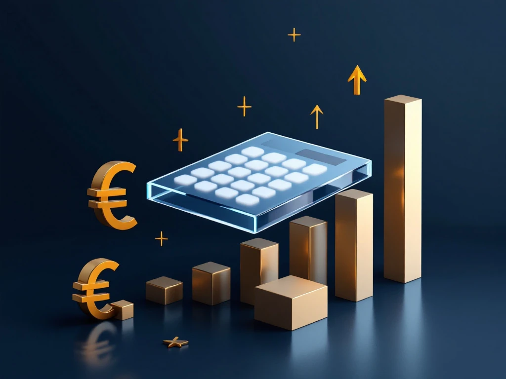 Glazen calculator boven euro-symbolen en stijgende grafieken in navy, wit en goud voor recruitment branding