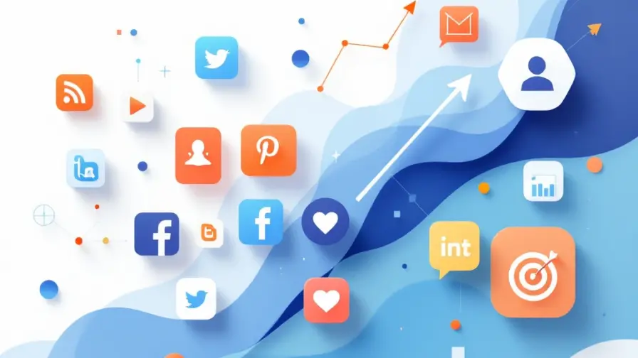 Geometrische sociale media iconen in grid met opwaartse pijlen, doelgroep symbolen en data visualisatie elementen