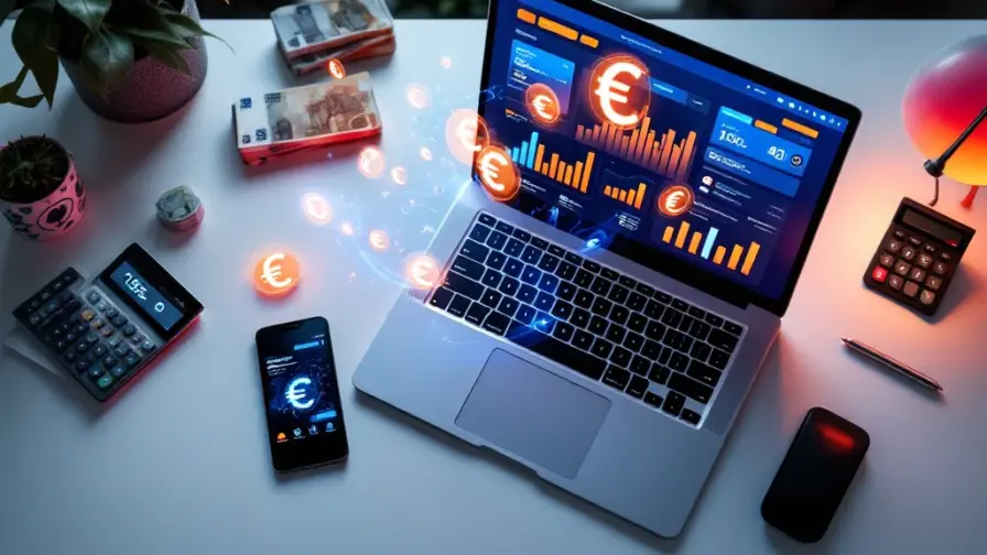 Laptop met sociale media analytics dashboard en euro symbolen op wit bureau met smartphone, rekenmachine en bankbiljetten