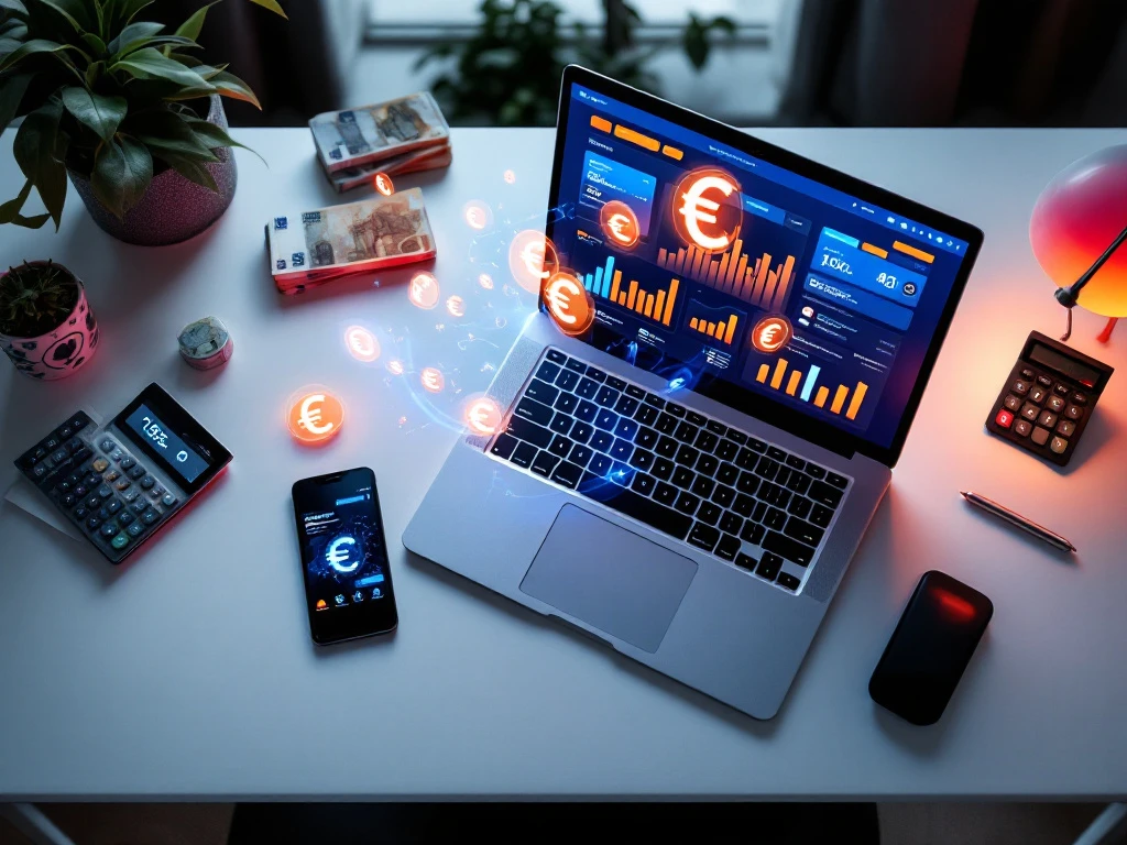 Laptop met sociale media analytics dashboard en euro symbolen op wit bureau met smartphone, rekenmachine en bankbiljetten