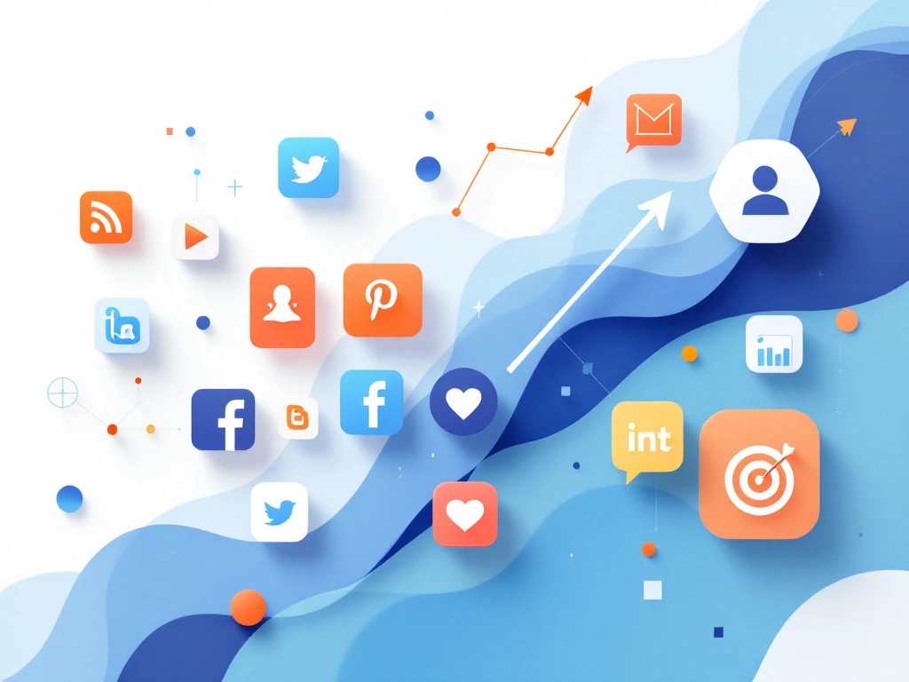 Geometrische sociale media iconen in grid met opwaartse pijlen, doelgroep symbolen en data visualisatie elementen