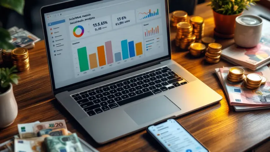 Moderne werkplek met laptop met sociale media analytics, stapels eurobiljetten en smartphone op houten bureau