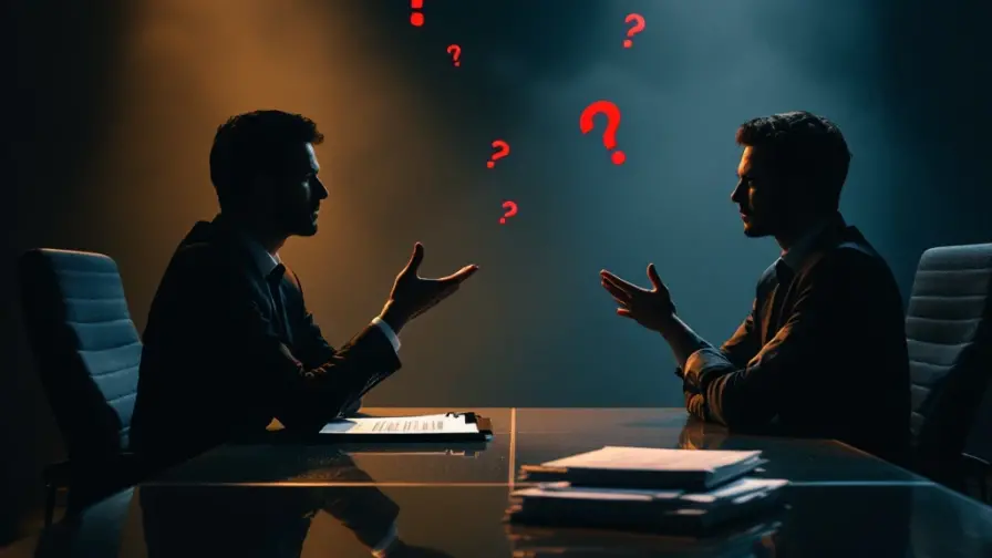 Professioneel sollicitatiegesprek met waarschuwingssymbolen die ongepaste interviewpraktijken en ethische grenzen tonen