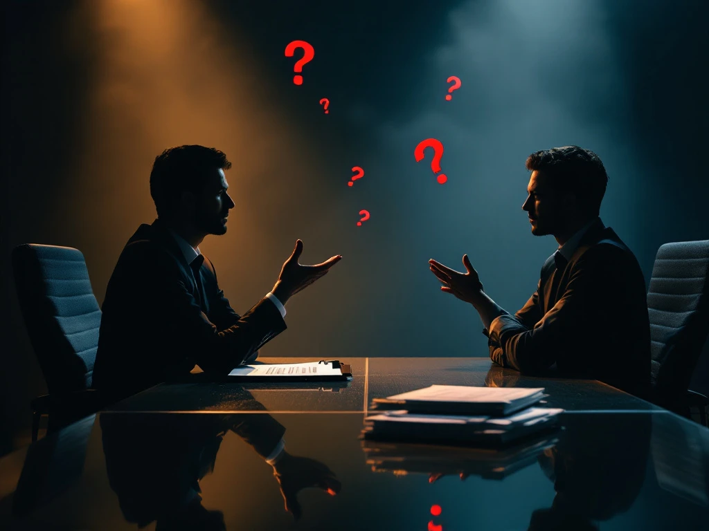 Professioneel sollicitatiegesprek met waarschuwingssymbolen die ongepaste interviewpraktijken en ethische grenzen tonen