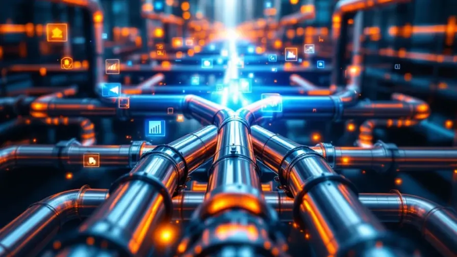 Luchtfoto van chromen pijpleidingsysteem met oranje en blauwe vloeistoffen die naar moderne kantoorgebouwen stromen