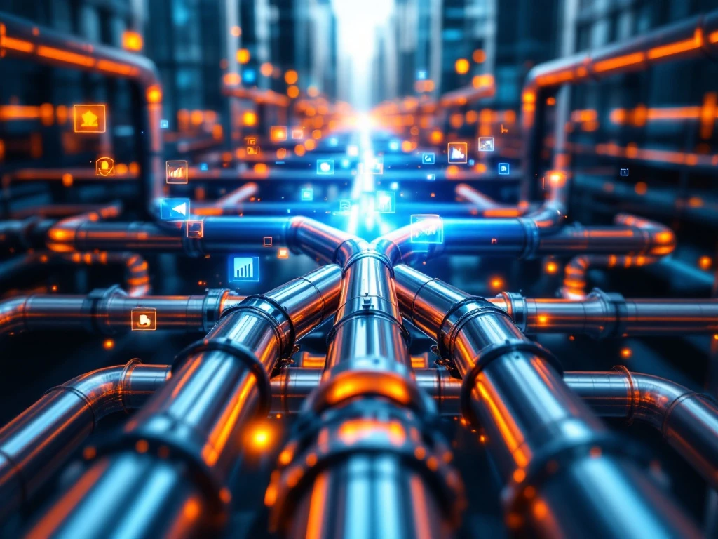Luchtfoto van chromen pijpleidingsysteem met oranje en blauwe vloeistoffen die naar moderne kantoorgebouwen stromen