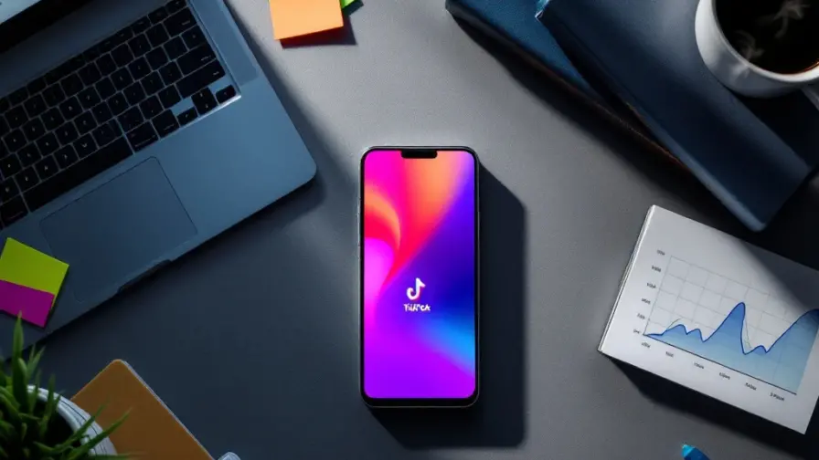 Smartphone met TikTok-interface op modern bureau met marketingboeken, laptop met grafieken en koffiekop