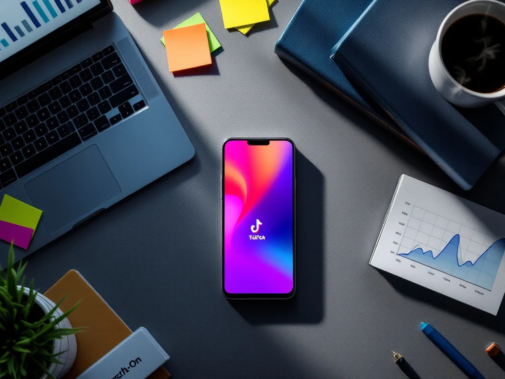 Smartphone met TikTok-interface op modern bureau met marketingboeken, laptop met grafieken en koffiekop