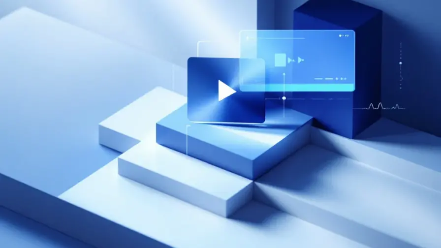 Moderne video-editing tijdlijn interface met blauwe en witte geometrische vormen, play-knoppen en golfpatronen