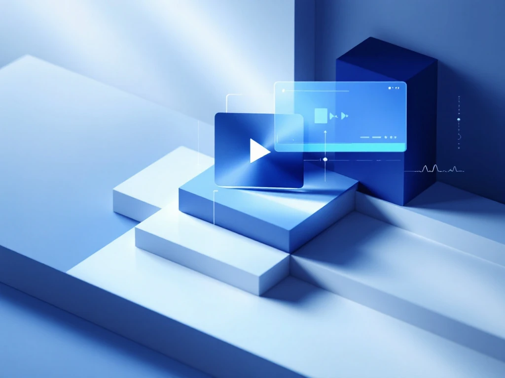 Moderne video-editing tijdlijn interface met blauwe en witte geometrische vormen, play-knoppen en golfpatronen