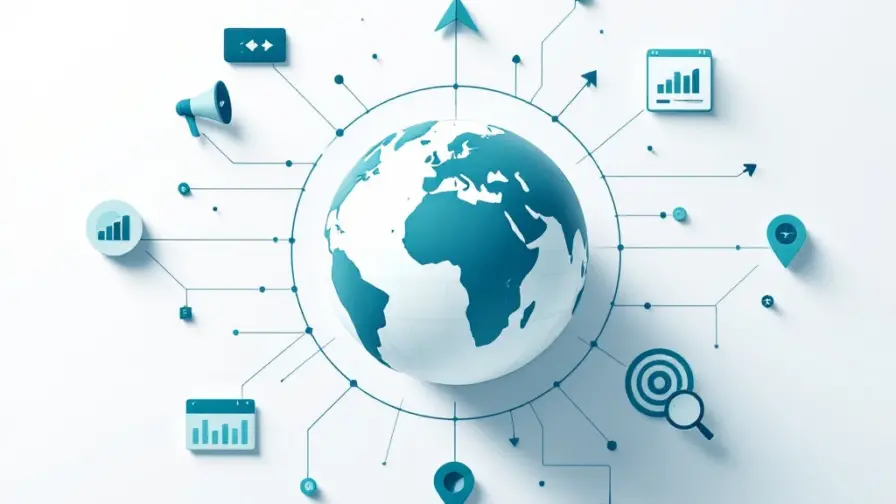 Wereldbol met verbindingslijnen naar marketingiconen zoals megafoon, doelwit en grafieken in professionele kleuren