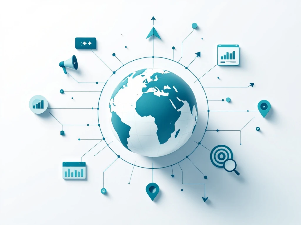 Wereldbol met verbindingslijnen naar marketingiconen zoals megafoon, doelwit en grafieken in professionele kleuren