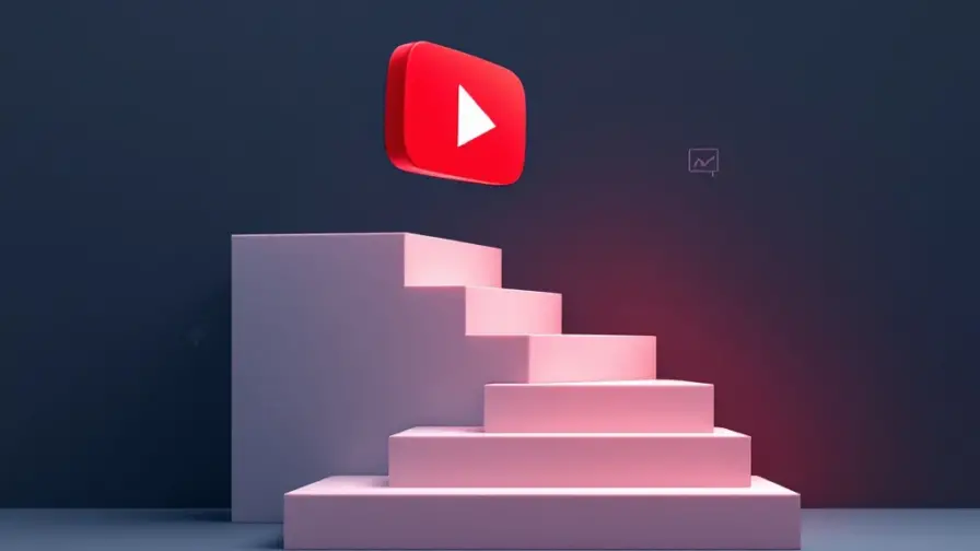 Rode YouTube afspeelknop boven witte geometrische trappen met analytics iconen en groei-elementen op blauwe achtergrond