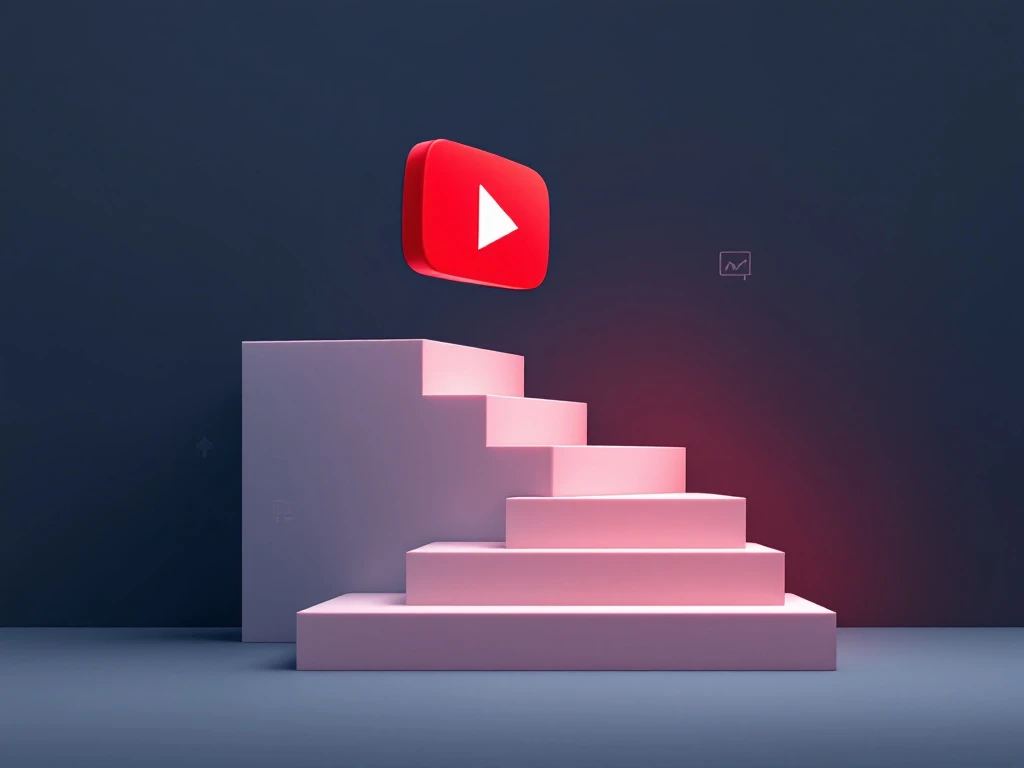 Rode YouTube afspeelknop boven witte geometrische trappen met analytics iconen en groei-elementen op blauwe achtergrond