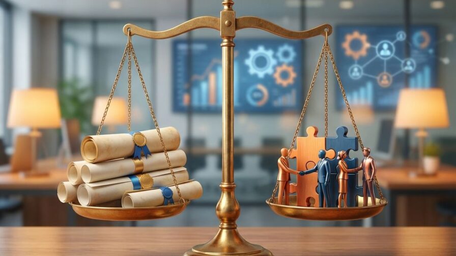 Gouden weegschaal balanceert technische certificaten tegen teamwerk symbolen in moderne kantooromgeving