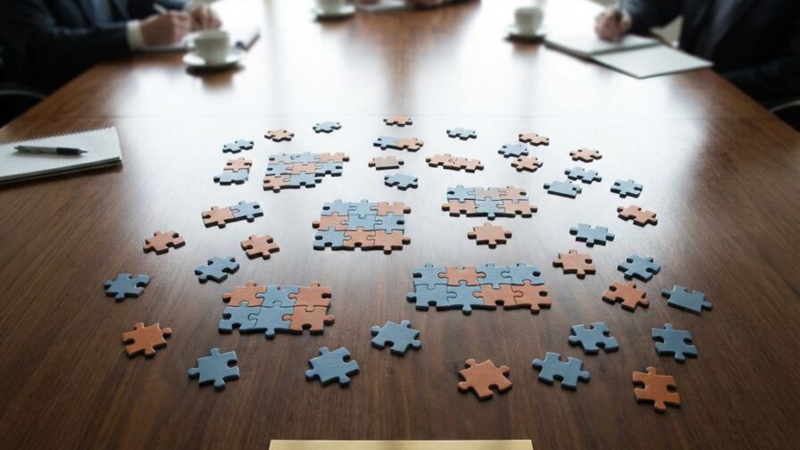 Puzzelstukjes op vergadertafel symboliseren uitdagingen bij het vinden van culturele match in recruitment