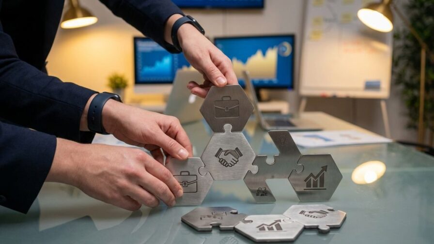 Handen die magnetische puzzelstukken met bedrijfsiconen schikken op glazen tafel in modern kantoor