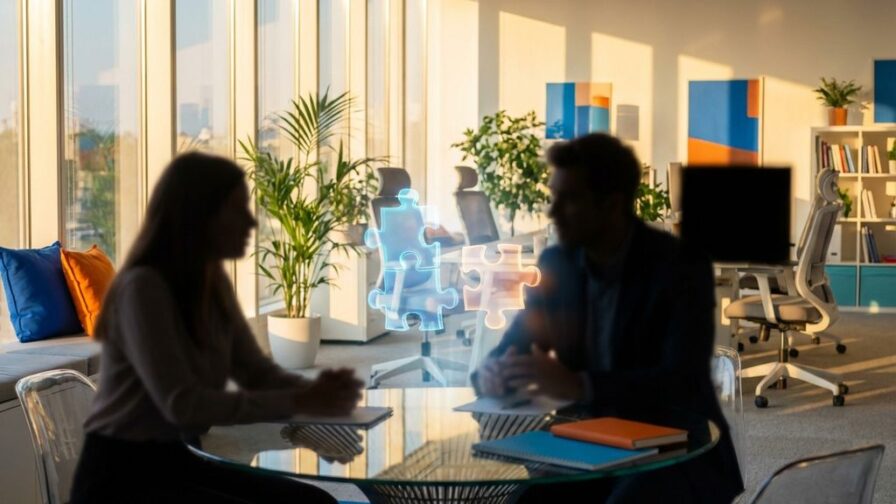 Twee silhouetten in gesprek aan glazen tafel met zwevende puzzelstukjes die culturele match symboliseren in moderne kantoorruimte