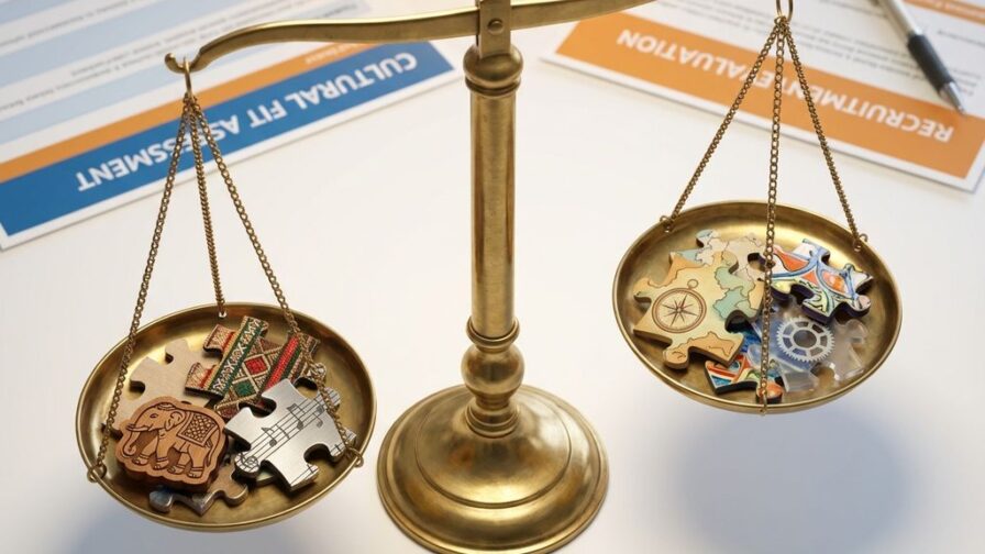Gebalanceerde weegschaal met diverse puzzelstukjes die culturele achtergronden vertegenwoordigen, wervingsdocumenten op achtergrond