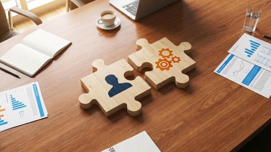 Puzzelstukken met kandidaat-silhouet en bedrijfsradertjes verbinden zich boven moderne vergadertafel met laptop