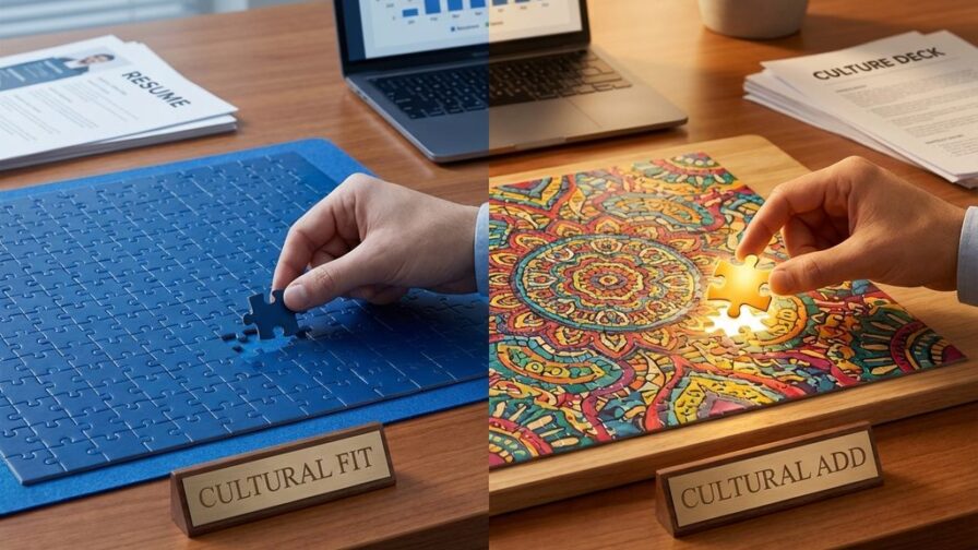 Gesplitste puzzel toont culturele fit versus culturele toevoeging: uniforme blauwe stukjes tegenover uniek gouden stuk