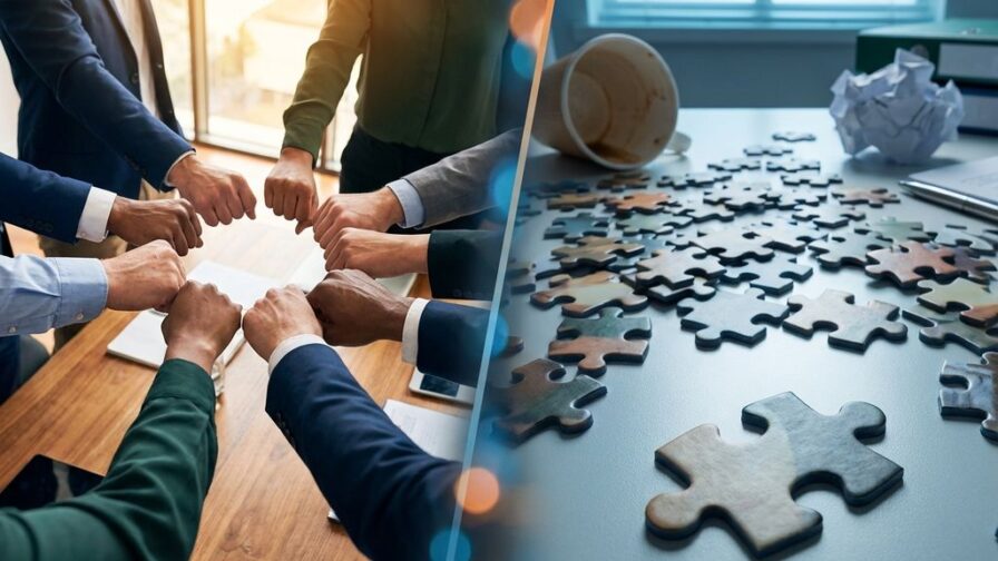 Gesplitst kantoorbeeld: diverse handen in cirkel aan vergadertafel versus verspreide puzzelstukjes, toont teamwerk vs miscommunicatie